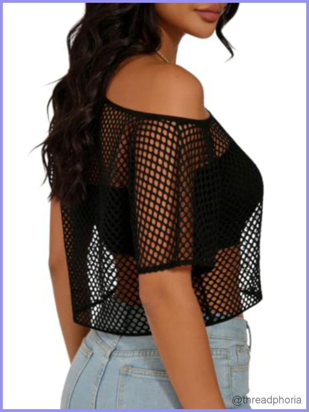 Sheer Mesh Fishnet Crop Top Off Shoulder Short Sleeve Layering Tee Party - Picture 2 of 4